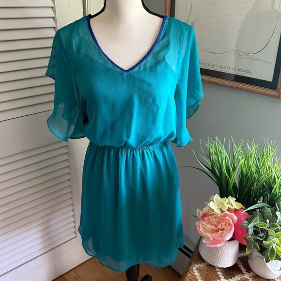 EXPRESS Womens Dress Small Teal Chiffon Mini Blouson Cocktail Feminine Fairy - Picture 1 of 11